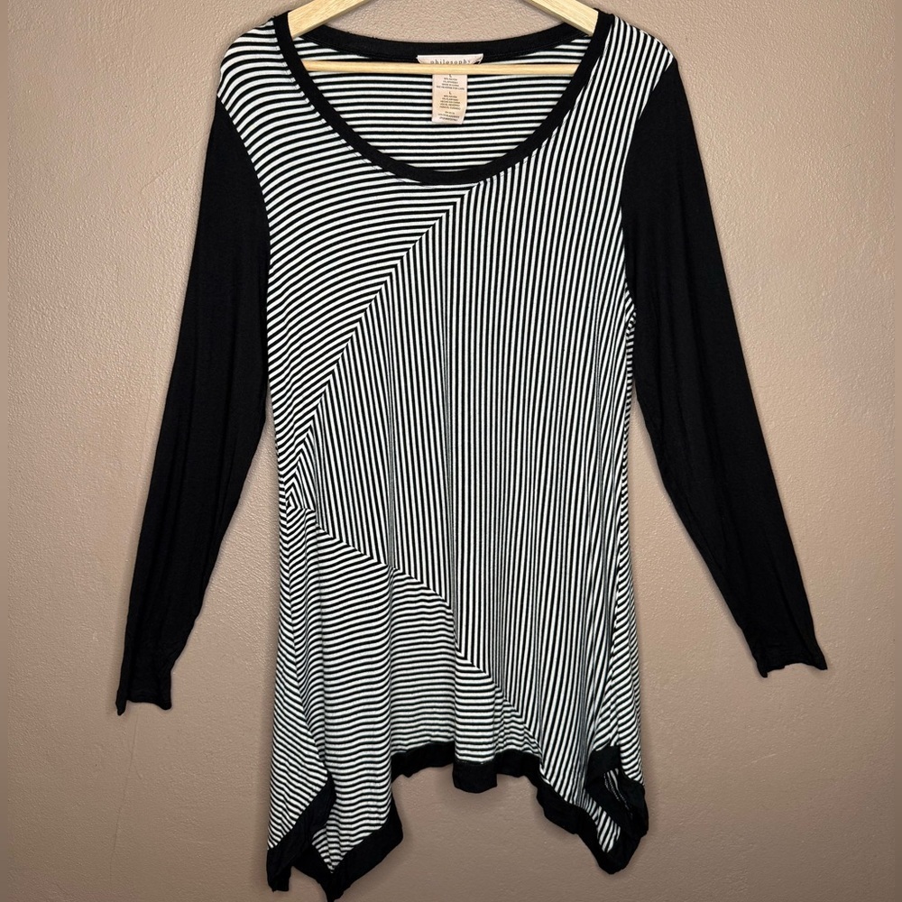 Philosophy Black & White Striped Long Sleeve Tunic with Asymmetrical Hem Large